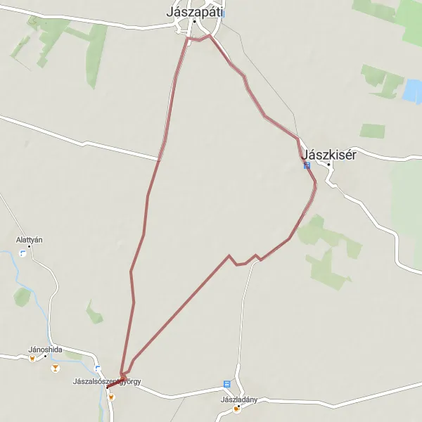 Map miniature of "Jánoshida - Jászlapáti - Buszmegálló - Jászalsószentgyörgy - Jánoshida" cycling inspiration in Észak-Alföld, Hungary. Generated by Tarmacs.app cycling route planner
