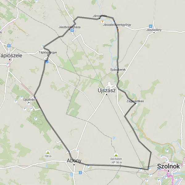 Map miniature of "Jánoshida to Jánoshida via Abony" cycling inspiration in Észak-Alföld, Hungary. Generated by Tarmacs.app cycling route planner