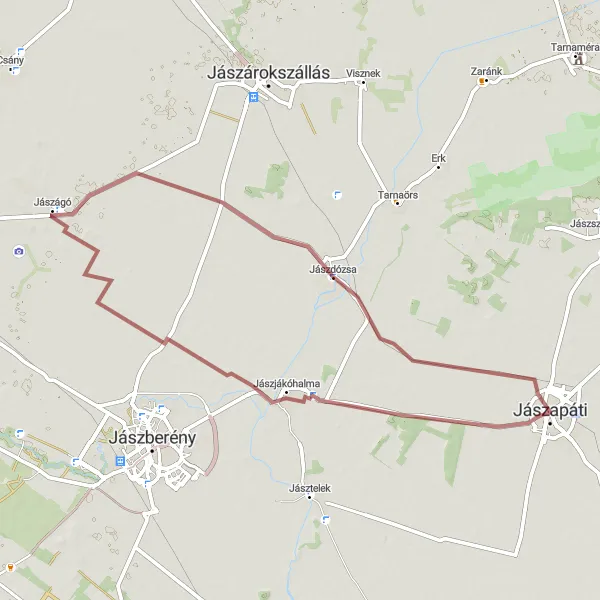 Map miniature of "Jászágó Gravel Tour" cycling inspiration in Észak-Alföld, Hungary. Generated by Tarmacs.app cycling route planner