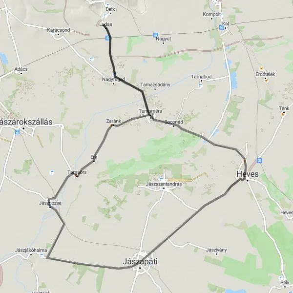 Map miniature of "Jászapáti - Jászdózsa Loop" cycling inspiration in Észak-Alföld, Hungary. Generated by Tarmacs.app cycling route planner