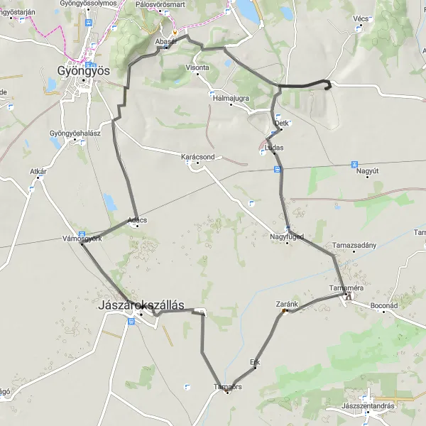 Map miniature of "Jászárokszállás - Vámosgyörk Loop" cycling inspiration in Észak-Alföld, Hungary. Generated by Tarmacs.app cycling route planner