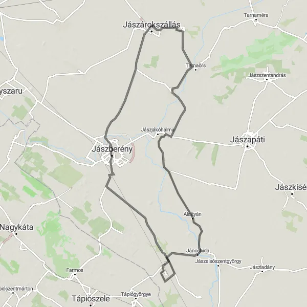 Map miniature of "Jászdózsa Loop" cycling inspiration in Észak-Alföld, Hungary. Generated by Tarmacs.app cycling route planner