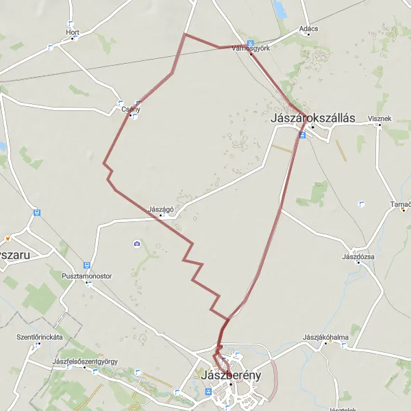 Map miniature of "Jászberény - Jászágó - Vámosgyörk - Jászárokszállás" cycling inspiration in Észak-Alföld, Hungary. Generated by Tarmacs.app cycling route planner