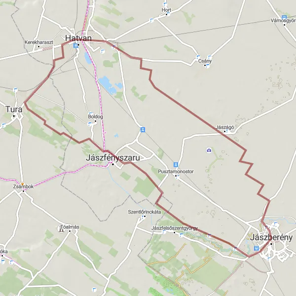 Map miniature of "Jászberény - Jászfényszaru - Hatvan - Jászágó" cycling inspiration in Észak-Alföld, Hungary. Generated by Tarmacs.app cycling route planner