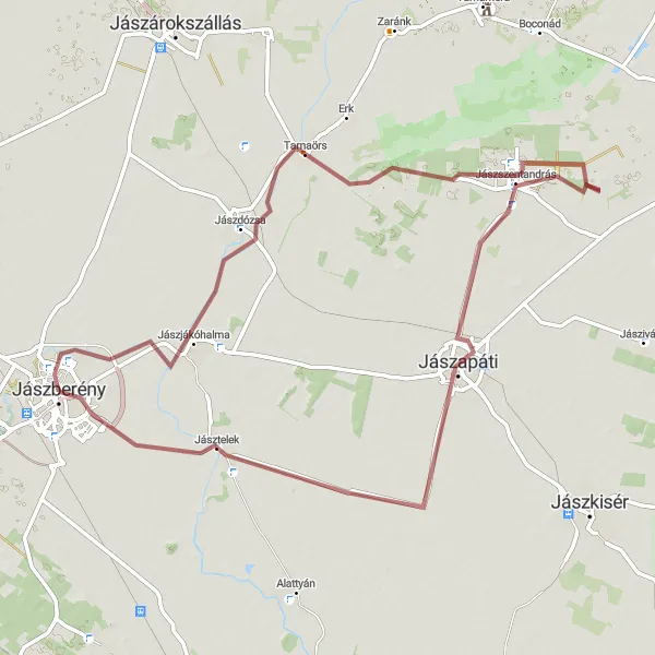 Map miniature of "Jászberény - Jászjákóhalma - Jászdózsa - Tarnaörs - Jászszentandrás - Jászapáti - Jásztelek" cycling inspiration in Észak-Alföld, Hungary. Generated by Tarmacs.app cycling route planner