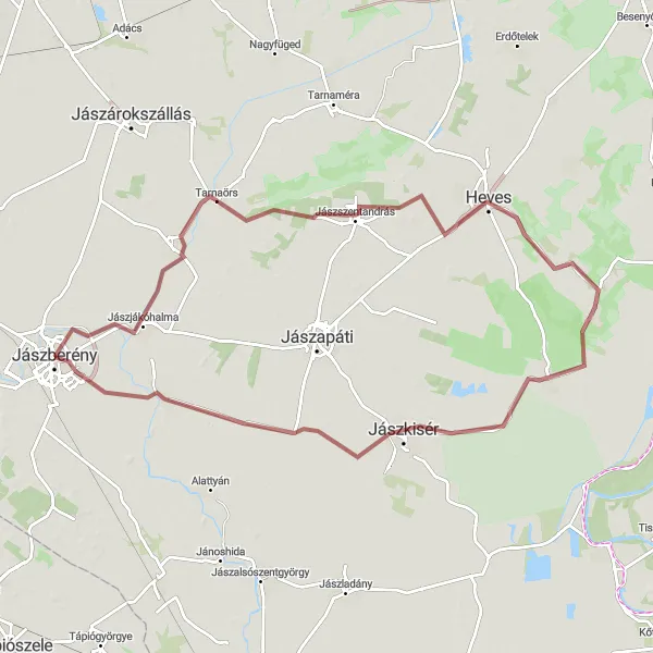 Map miniature of "Jászberény - Jászdózsa - Jászszentandrás - Heves - Pély - Jászkisér - Jásztelek" cycling inspiration in Észak-Alföld, Hungary. Generated by Tarmacs.app cycling route planner