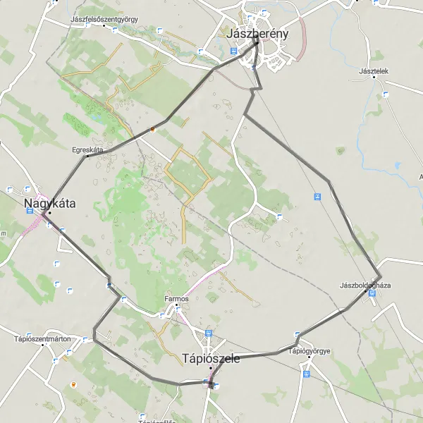 Map miniature of "Jászberény - Jászboldogháza - Tápiószele - Nagykáta" cycling inspiration in Észak-Alföld, Hungary. Generated by Tarmacs.app cycling route planner