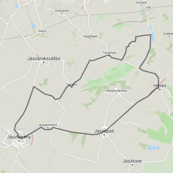 Map miniature of "Jászberény - Jászdózsa - Tarnaméra - Tarnabod - Heves - Jászapáti - Jászjákóhalma" cycling inspiration in Észak-Alföld, Hungary. Generated by Tarmacs.app cycling route planner