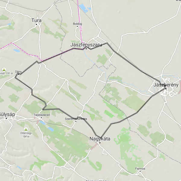 Map miniature of "Jászberény - Szentmártonkáta - Kóka - Dány - Jászfényszaru - Pusztamonostor" cycling inspiration in Észak-Alföld, Hungary. Generated by Tarmacs.app cycling route planner
