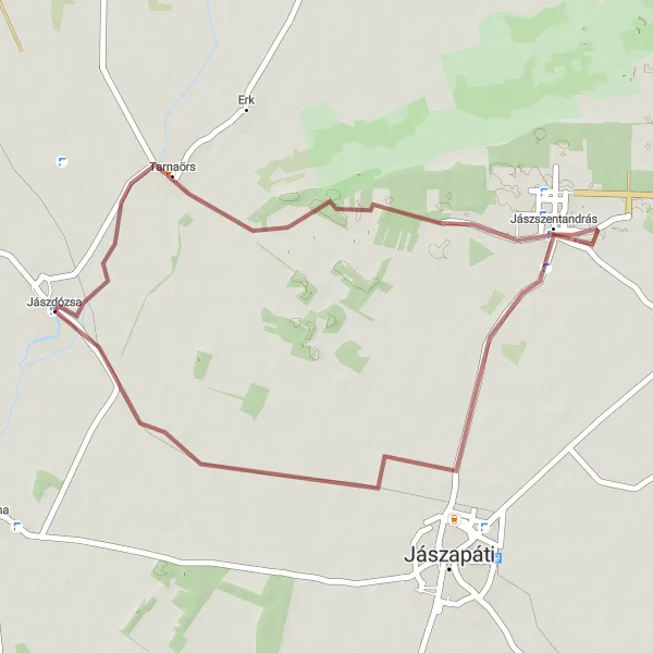 Map miniature of "The Gravel Adventure: Jászdózsa to Tarnaörs and Jászszentandrás" cycling inspiration in Észak-Alföld, Hungary. Generated by Tarmacs.app cycling route planner