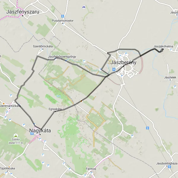 Map miniature of "Road Route to Jászberény" cycling inspiration in Észak-Alföld, Hungary. Generated by Tarmacs.app cycling route planner