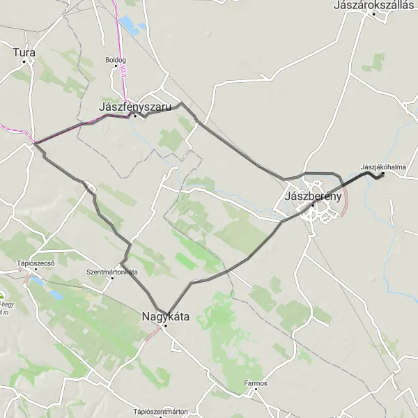 Map miniature of "Jászberény Loop" cycling inspiration in Észak-Alföld, Hungary. Generated by Tarmacs.app cycling route planner