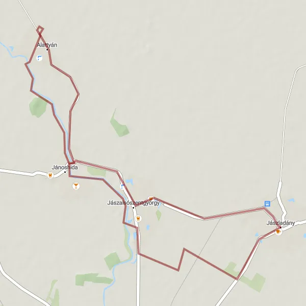 Map miniature of "Jászladány Gravel Ride to Alattyán and Jánoshida" cycling inspiration in Észak-Alföld, Hungary. Generated by Tarmacs.app cycling route planner