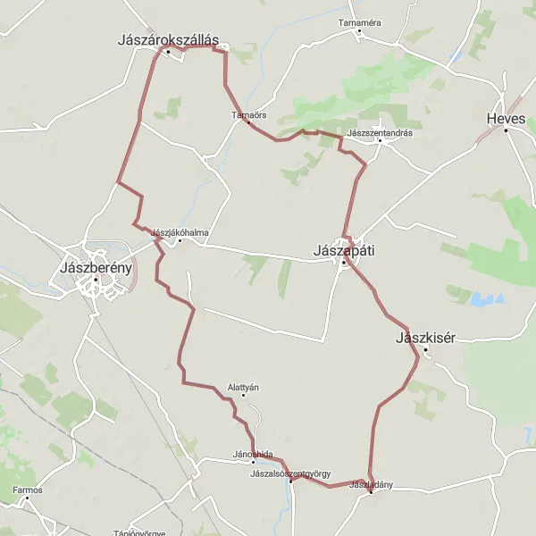 Map miniature of "Exploring the Jász Region" cycling inspiration in Észak-Alföld, Hungary. Generated by Tarmacs.app cycling route planner