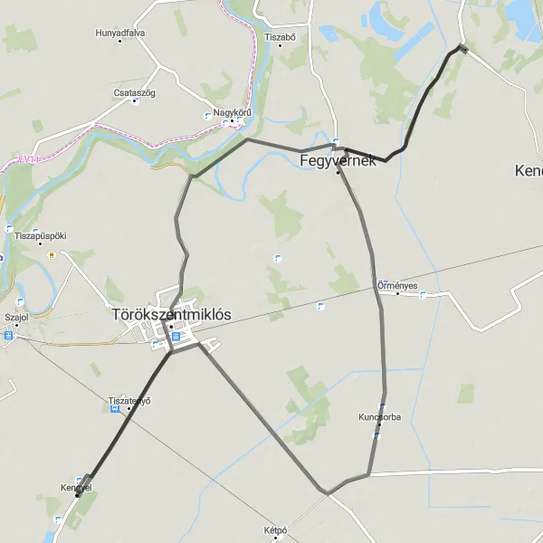 Map miniature of "Around Kengyel and Törökszentmiklós" cycling inspiration in Észak-Alföld, Hungary. Generated by Tarmacs.app cycling route planner