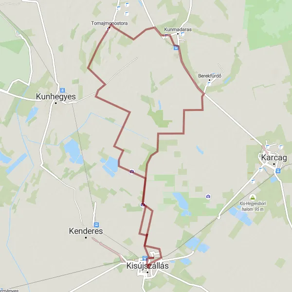 Map miniature of "Kisújszállás-Hármas-halom-Tomajmonostora-Kunmadaras" cycling inspiration in Észak-Alföld, Hungary. Generated by Tarmacs.app cycling route planner