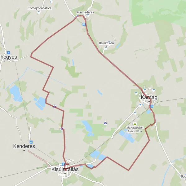 Map miniature of "Kisújszállás-Hármas-halom-Kunmadaras-Karcag" cycling inspiration in Észak-Alföld, Hungary. Generated by Tarmacs.app cycling route planner