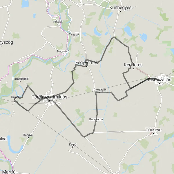 Map miniature of "Kisújszállás-Kuncsorba-Törökszentmiklós-Kenderes" cycling inspiration in Észak-Alföld, Hungary. Generated by Tarmacs.app cycling route planner