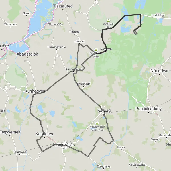 Map miniature of "Kisújszállás-Kenderes-Kunhegyes-Kunmadaras-Bürök-halom-Nagyiván-Nagyvénkert" cycling inspiration in Észak-Alföld, Hungary. Generated by Tarmacs.app cycling route planner