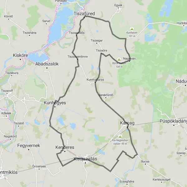 Map miniature of "Kisújszállás-Karcag Loop" cycling inspiration in Észak-Alföld, Hungary. Generated by Tarmacs.app cycling route planner