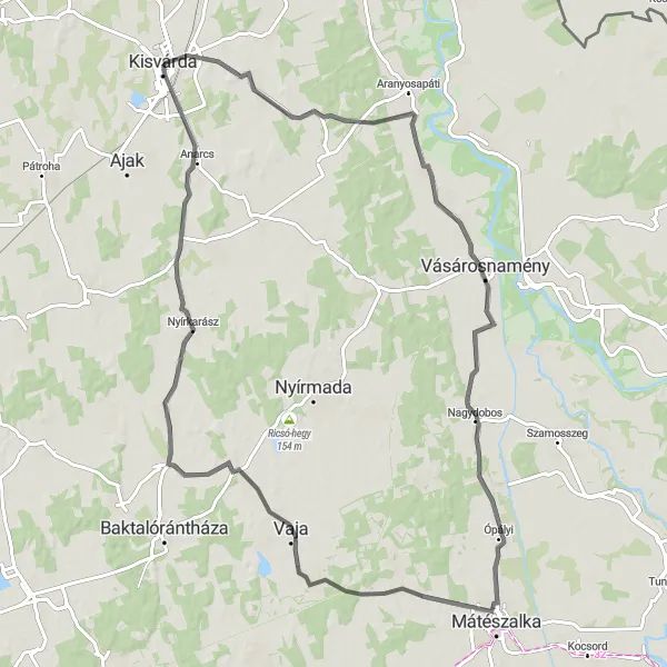 Map miniature of "Kisvarsány and Nyírkarász Road Cycling Route" cycling inspiration in Észak-Alföld, Hungary. Generated by Tarmacs.app cycling route planner