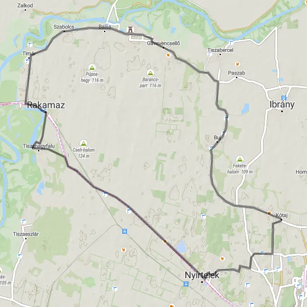 Map miniature of "Scenic Ride near Kótaj" cycling inspiration in Észak-Alföld, Hungary. Generated by Tarmacs.app cycling route planner