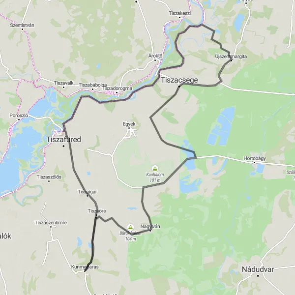 Map miniature of "Kunmadaras to Nagyiván via Tiszafüred" cycling inspiration in Észak-Alföld, Hungary. Generated by Tarmacs.app cycling route planner
