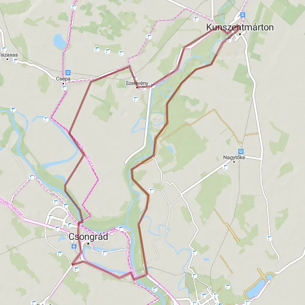 Map miniature of "Magyartés Gravel Loop - Rural Beauty near Kunszentmárton" cycling inspiration in Észak-Alföld, Hungary. Generated by Tarmacs.app cycling route planner