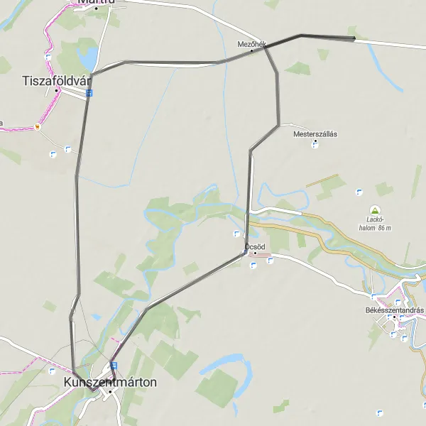 Map miniature of "The Homok Circuit" cycling inspiration in Észak-Alföld, Hungary. Generated by Tarmacs.app cycling route planner