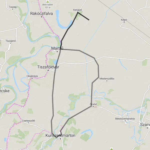 Map miniature of "The Alföld Loop" cycling inspiration in Észak-Alföld, Hungary. Generated by Tarmacs.app cycling route planner