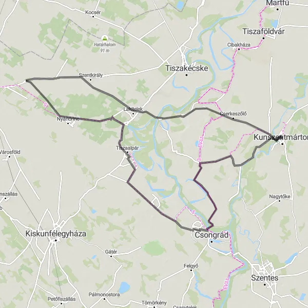 Map miniature of "Kunszentmárton Loop" cycling inspiration in Észak-Alföld, Hungary. Generated by Tarmacs.app cycling route planner