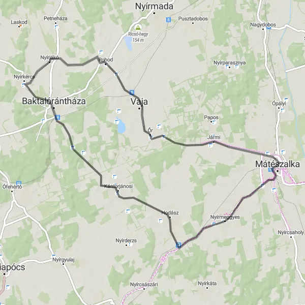 Map miniature of "Kántorjánosi - Nyírjákó Exploration" cycling inspiration in Észak-Alföld, Hungary. Generated by Tarmacs.app cycling route planner
