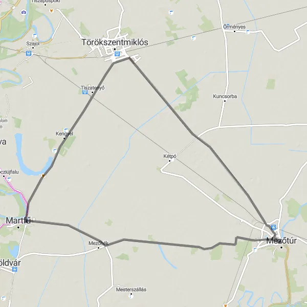 Map miniature of "Countryside Road Loop" cycling inspiration in Észak-Alföld, Hungary. Generated by Tarmacs.app cycling route planner