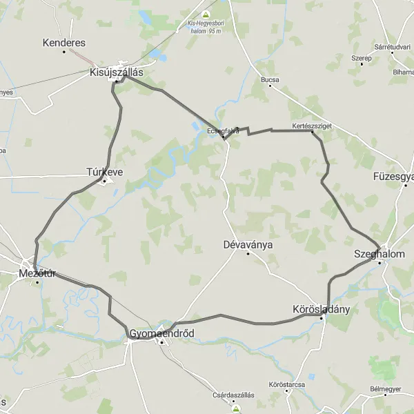 Map miniature of "Mezőtúr to Hortobágy–Berettyó-főcsatorna" cycling inspiration in Észak-Alföld, Hungary. Generated by Tarmacs.app cycling route planner