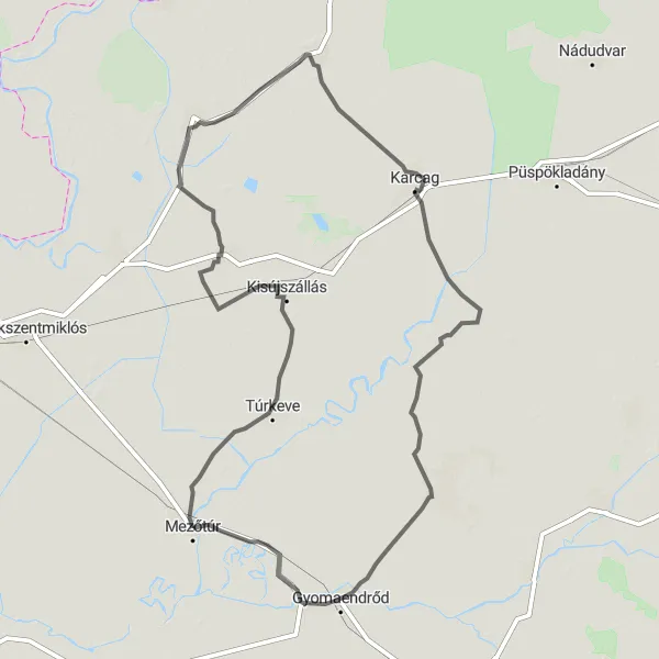 Map miniature of "Mezőtúr to Kálvária-domb" cycling inspiration in Észak-Alföld, Hungary. Generated by Tarmacs.app cycling route planner