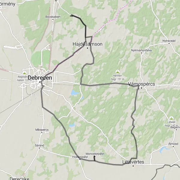 Map miniature of "The Great Alföld Circuit" cycling inspiration in Észak-Alföld, Hungary. Generated by Tarmacs.app cycling route planner