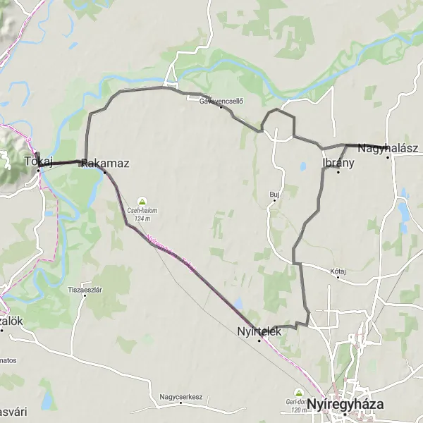 Map miniature of "Road Cycling to Fekete-halom and Tokaj" cycling inspiration in Észak-Alföld, Hungary. Generated by Tarmacs.app cycling route planner