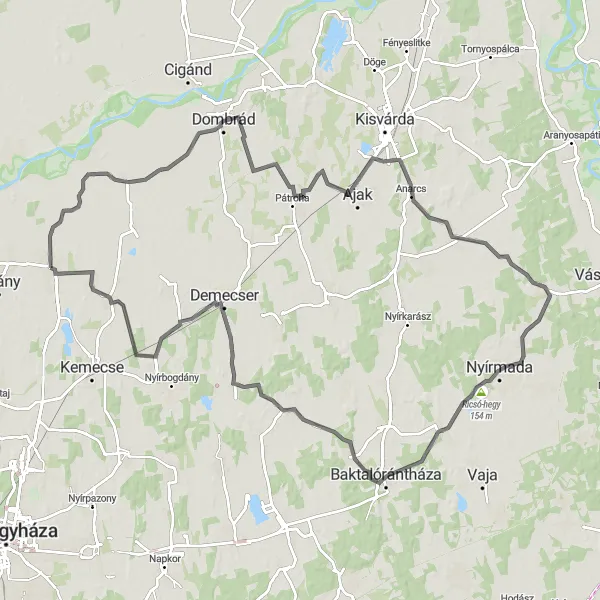 Map miniature of "Road to Dombrád and Tiszarád" cycling inspiration in Észak-Alföld, Hungary. Generated by Tarmacs.app cycling route planner