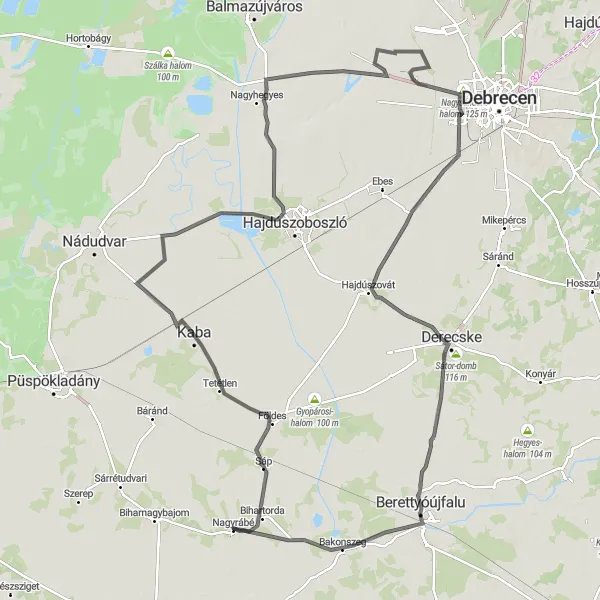 Map miniature of "Countryside Road Loop" cycling inspiration in Észak-Alföld, Hungary. Generated by Tarmacs.app cycling route planner