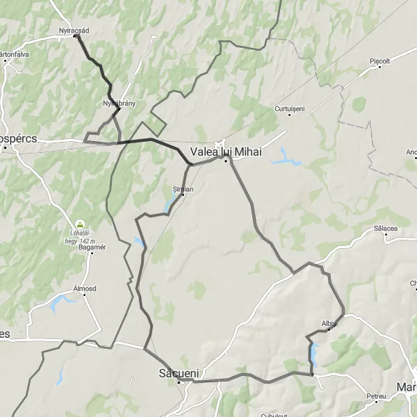 Map miniature of "Nyíracsád to Nyírábrány Road Cycling Route" cycling inspiration in Észak-Alföld, Hungary. Generated by Tarmacs.app cycling route planner