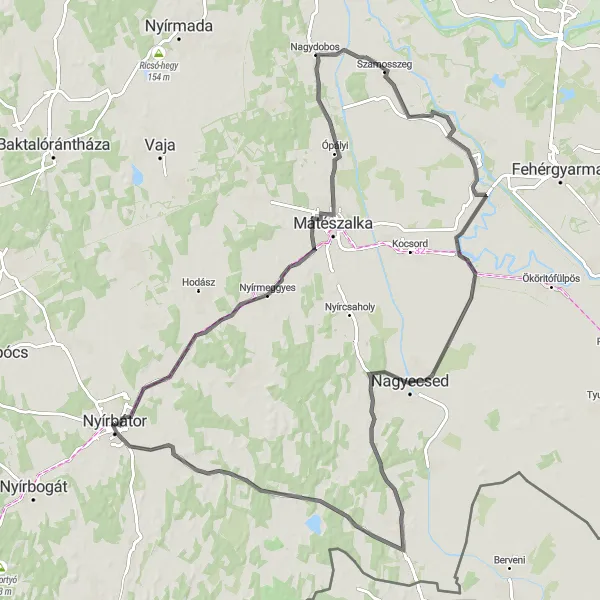 Map miniature of "Nyírbátor-Szamosszeg Adventure" cycling inspiration in Észak-Alföld, Hungary. Generated by Tarmacs.app cycling route planner