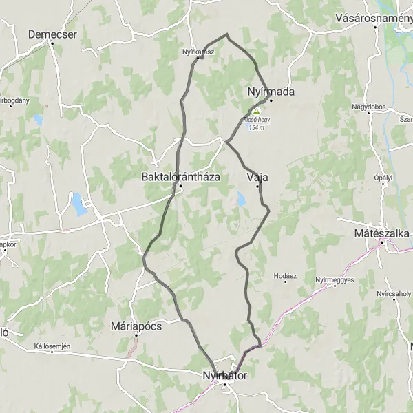 Map miniature of "Nyírbátor-Ricsó-hegy Adventure" cycling inspiration in Észak-Alföld, Hungary. Generated by Tarmacs.app cycling route planner
