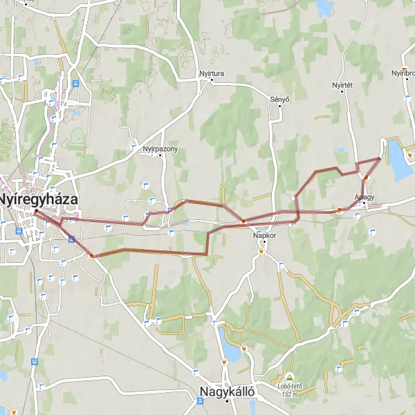 Map miniature of "Leisurely Gravel Ride Near Nyíregyháza" cycling inspiration in Észak-Alföld, Hungary. Generated by Tarmacs.app cycling route planner