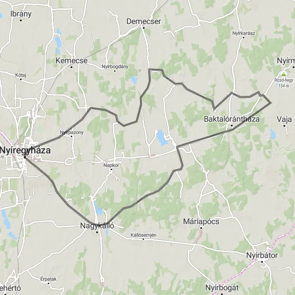 Map miniature of "Scenic Tour around Nyíregyháza" cycling inspiration in Észak-Alföld, Hungary. Generated by Tarmacs.app cycling route planner