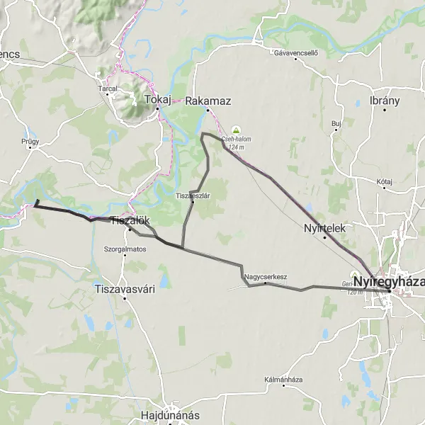 Map miniature of "Road Cycling Adventure to Tiszalök" cycling inspiration in Észak-Alföld, Hungary. Generated by Tarmacs.app cycling route planner