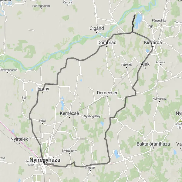 Map miniature of "Cultural and Natural Highlights of Nyíregyháza" cycling inspiration in Észak-Alföld, Hungary. Generated by Tarmacs.app cycling route planner