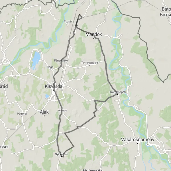 Map miniature of "Nyírkarász Loop" cycling inspiration in Észak-Alföld, Hungary. Generated by Tarmacs.app cycling route planner