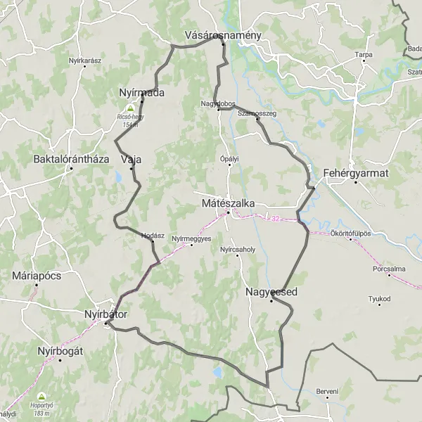Map miniature of "Nyírmada Loop via Vásárosnamény and Győrtelek" cycling inspiration in Észak-Alföld, Hungary. Generated by Tarmacs.app cycling route planner