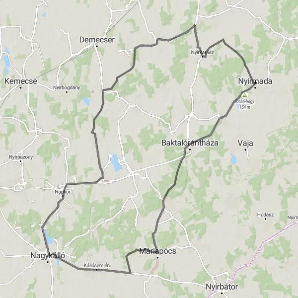 Map miniature of "Nyírmada to Ricsó-hegy Round-trip" cycling inspiration in Észak-Alföld, Hungary. Generated by Tarmacs.app cycling route planner