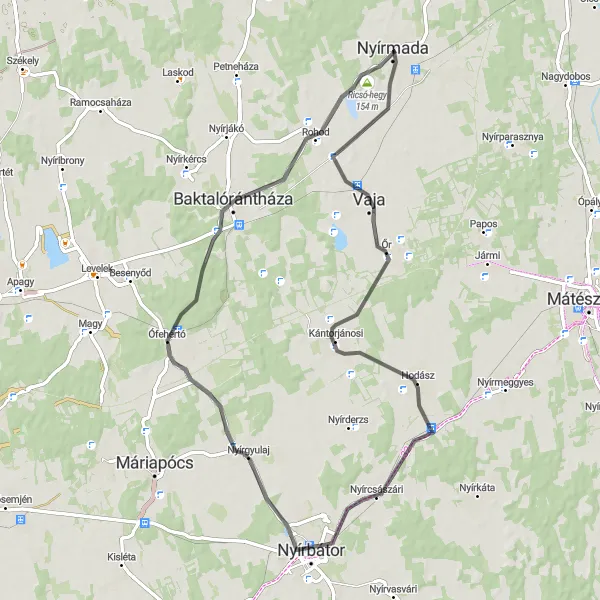 Map miniature of "Pleasant Ride to Baktalórántháza and Ricsó-hegy" cycling inspiration in Észak-Alföld, Hungary. Generated by Tarmacs.app cycling route planner